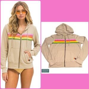 Aviator Nation 5 Stripe Zip Hoodie Sand Pink Green Retro Rainbow Hoodie Small